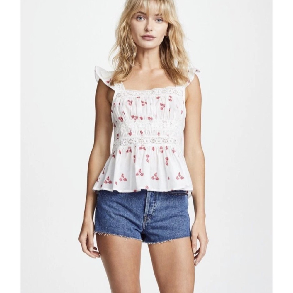 Free People Beautiful Fleurs White Cotton Top Small Peplum Square Neck Babydoll